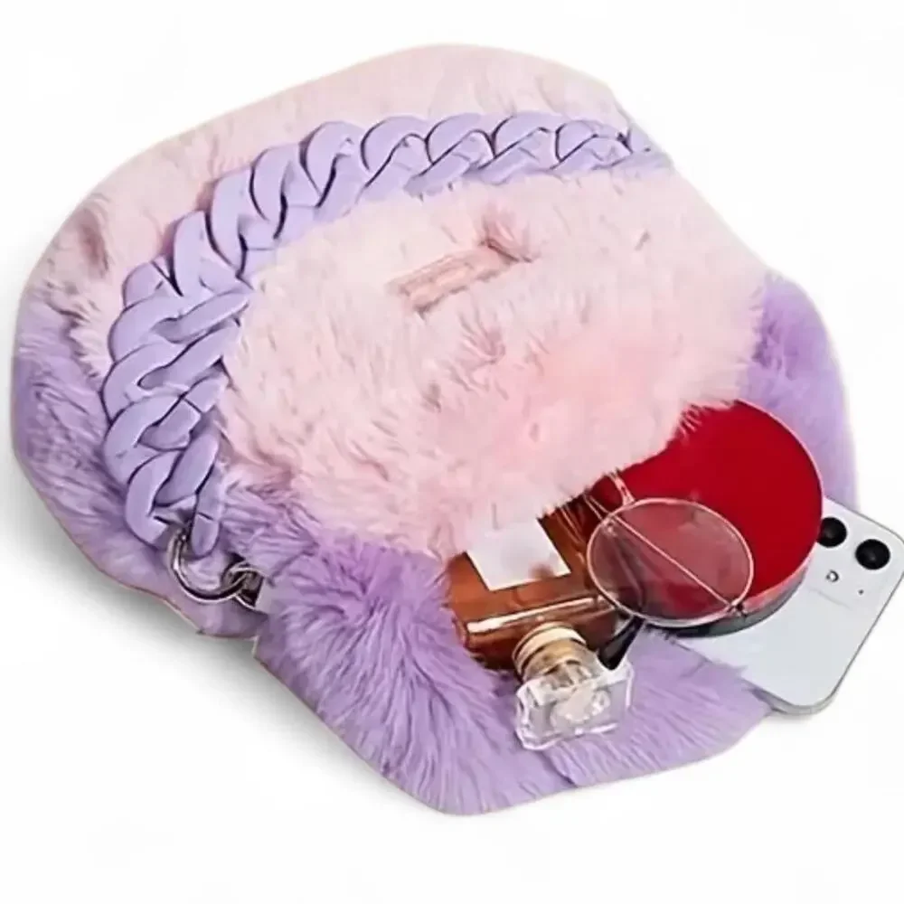 Pastel Pink Blue Lavender Faux Fur Mini Satchel Bag Plastic Removable Bag Chain - Picture 2 of 7